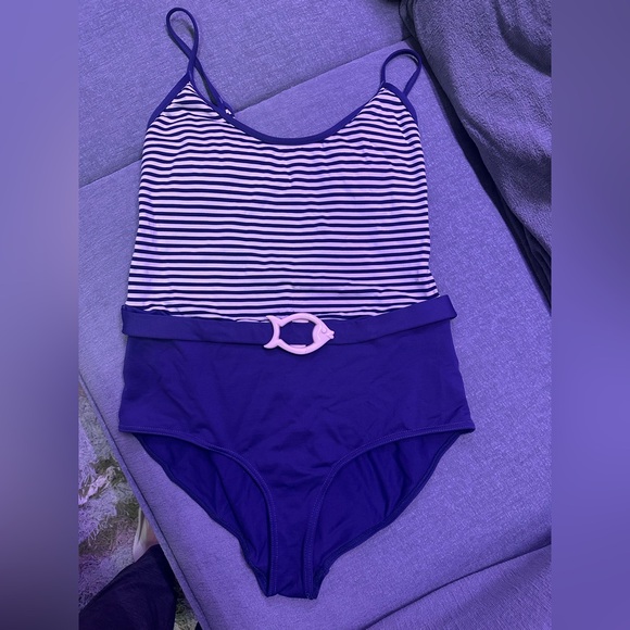 Striped Blue Swimsuit with Fish Belt - Picture 1 of 3